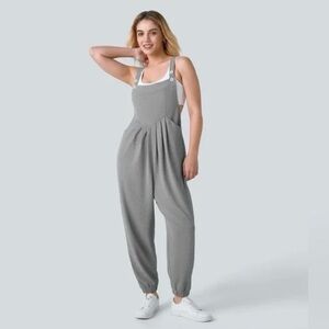 Halara Adjustable Strap Button Waffle Knit Wide Leg Jogger Overalls, Gray, Large
